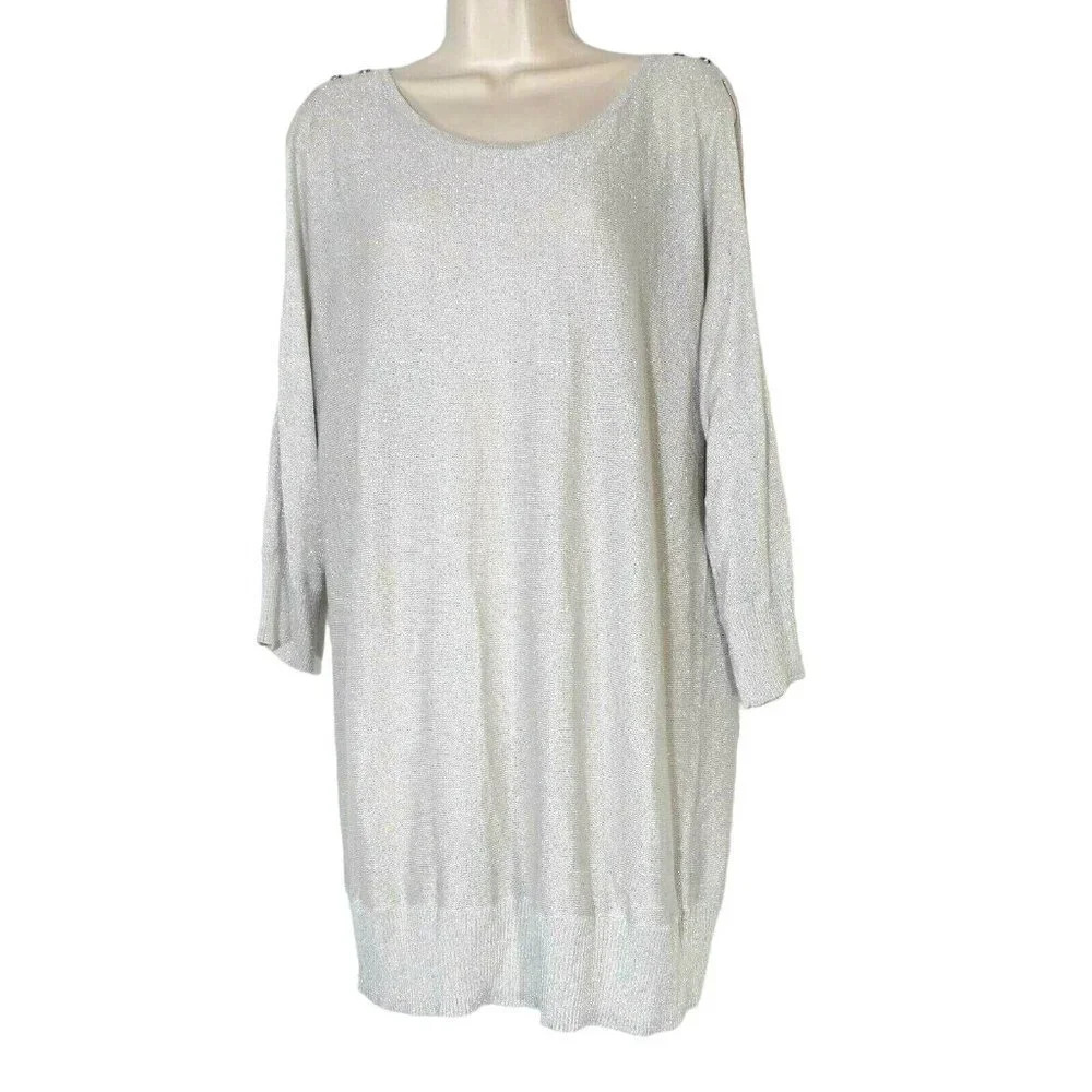 Worthington Cold Shoulder Knit Top Sweater Women Size L Silver Metallic Long Slv